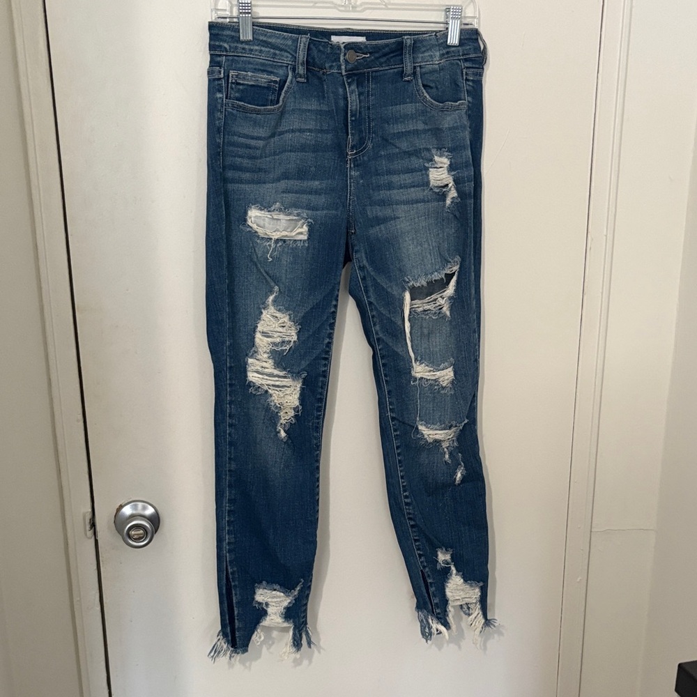 Cello Distressed Ankle Jeans in Dark Blue